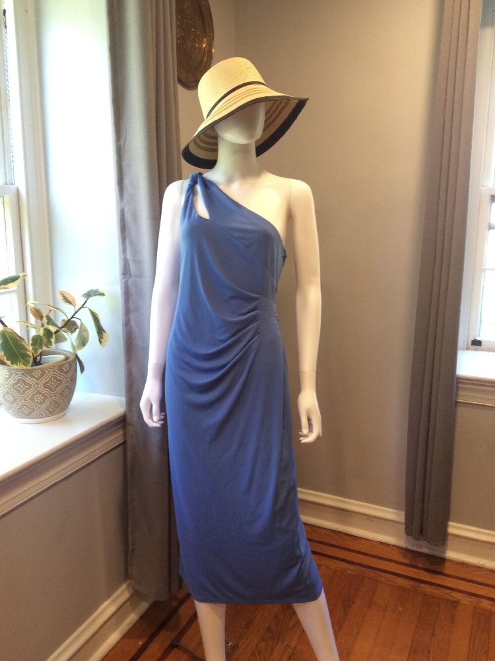 Lauren Ralph Lauren Blue One Shoulder Cocktail Dress Elegant Ruched Midi Dress